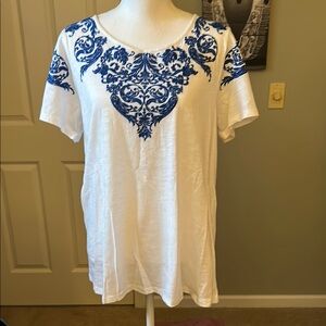 Tolani White and Blue Relaxed Short Sleeve Tee
